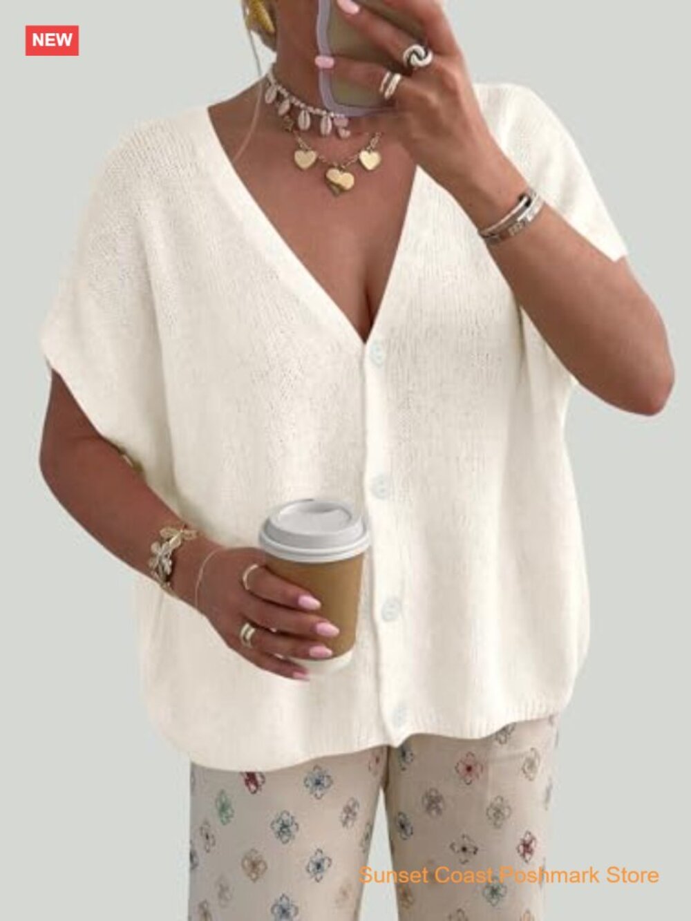 Oversized Batwing Short Sleeve Cardigan Lightweight V-Neck Button Down Knit - Picture 4 of 7